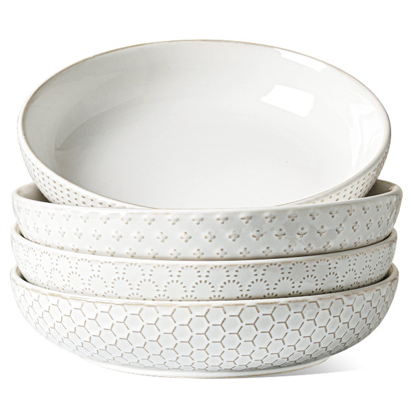 LE TAUCI Pasta Bowls 42oz, Large Salad Bowl, Ceramic Embossment Stoneware Serving Plate for Fruits, Noodle, Dinner, House-warming Wedding Present - 9 Inch, Set of 4, Arctic White-1765340626