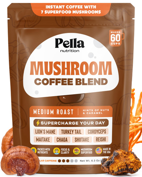 Pella Nutrition Mushroom Coffee – Lions Mane, Reishi, Chaga, Cordyceps, Shiitake, Maitake, and Turkey Tail Mushroom Supplement – Superfood Instant Coffee for Focus & Energy (Regular Caffeine, 60 Cups)-1765340812
