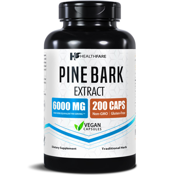 Healthfare Pine Bark Extract 6000mg French Maritime | 200 Vegan Capsules | Standardized 95% OPC Proanthocyanidins | Antioxidant Herbal Supplement | Non-GMO, Gluten-Free | Made in USA