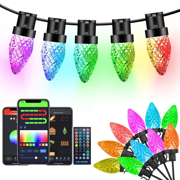 Dynamic C9 Christmas Lights Outdoor, 33Ft 50 LED Smart RGB, APP Remote Controlled, Connectable Waterproof Music Xmas Eaves Decoration