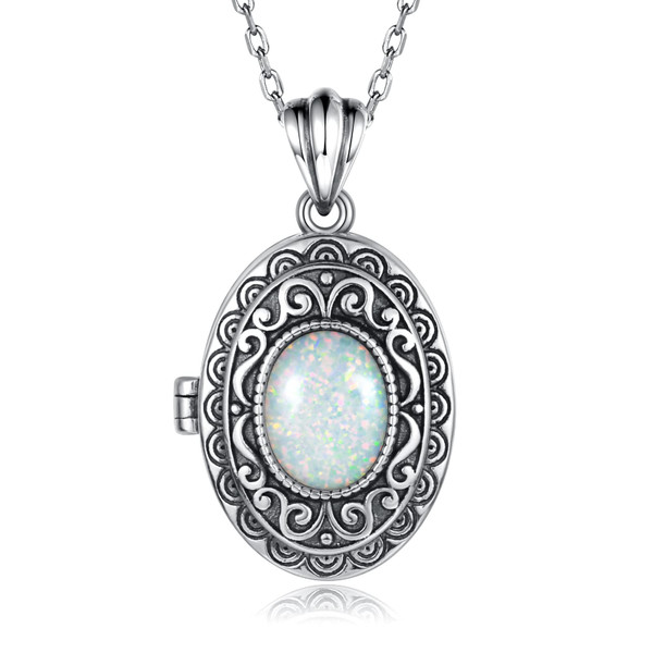 MANBU Sterling Silver Locket Necklace for Women Oval-Shaped Locket Pendant Holds Pictures Always with You Vintage Style Photos Locket Jewelry Gifts for Loved One (opal locket necklace)-1765341936