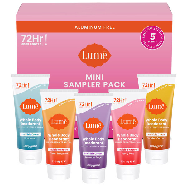 Lume Whole Body Deodorant 5 Pack Sampler - Invisible Cream Minis - 72 Hour Odor Control - Aluminum & Baking Soda Free (Clean Tangerine, Lavender Sage, Peony Rose, Toasted Coconut, Unscented)-1765342667