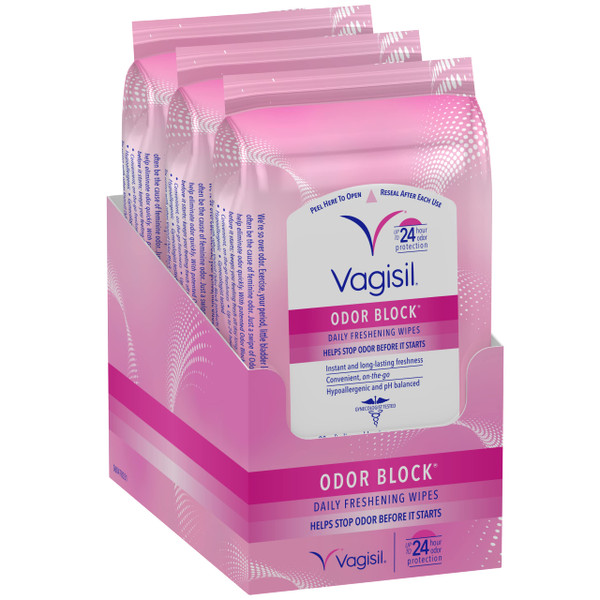 Vagisil Odor Block Daily Freshening Wipes for Feminine Hygiene in Resealable Pouch, Gynecologist Tested & Hypoallergenic, 20 Wipes (Pack of 3)-1765342978