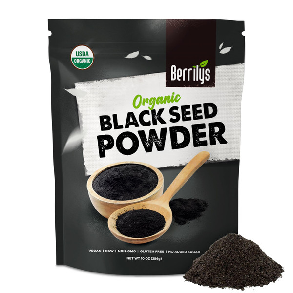 Berrilys Organic Black Seed Powder - Nigella Sativa, Ground Kalonji, Black Cumin for Baking, Bread Making, Cooking, Smoothies, Curries, Soups, Salads, & Stews - Nutritious- Resealable - 10 Oz-1765343117