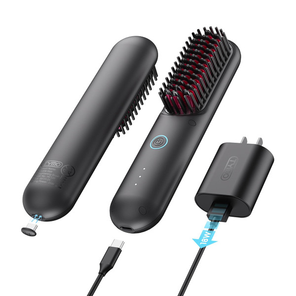 TYMO Porta Cordless Hair Straightener Brush, Portable Mini Straightening Brush for Travel, Negative Ion Hot Comb Hair Straightener for Women, Lightweight to Carry Out, USB Rechargeable, Black