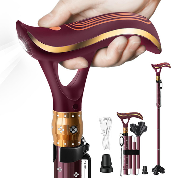 ispuoocti Folding Cane, Smart Alarm Foldable Cane with Light, Fashion Walking Cane for Women&Men, Adjustable Canes for Seniors, USB Direct Charging, Lightweight and Portable (Red)-1765344051