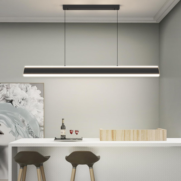 Matven Linear Pendant Lights Kitchen Island, Dimmable LED Chandeliers for Dining Room, Modern Billiard Room Pool Table Light Ceiling Pendant Lamp for Bar Office, Black, Adjustable Height