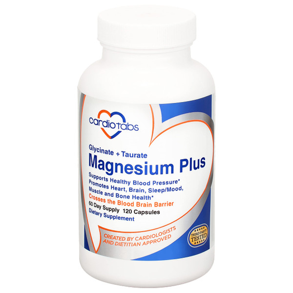 Cardiotabs Magnesium Plus – 200 mg of Magnesium Glycinate and Magnesium Taurate for Blood Pressure, Heart, Brain, Sleep & Mood Support – Highly Concentrated and Well Absorbed - 120 Capsules