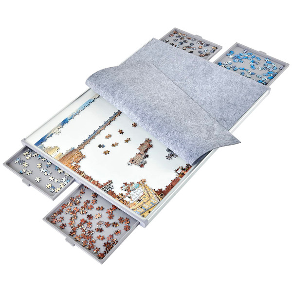 1500 Piece Non-Wood Jigsaw Puzzle Board with Drawers and Felt Fabric Cover Mat, Portable Puzzle Table for Adults, Puzzle Tray, Large Size: 35×26 Inch Work Surface, Lightweight Design, Gray-1765345319