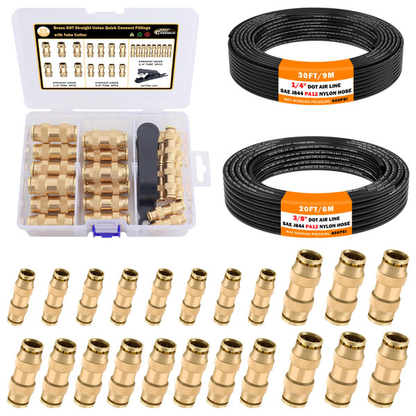 CheeMuii 23 PCS Brass DOT Air Line Fittings with 30FT 1/4" and 20FT 3/8" DOT Air Line Kit Push Lock Quick Connect Fittings with Pneumatic Tubing Set