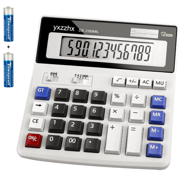 Desk Calculator 12 Digit Extra Large 4.3-Inch LCD Display, Two Way Power Battery and Solar Calculators Desktop, Big Buttons Easy to Press Used as Office Calculators for Desk White