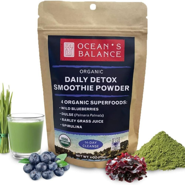 Ocean's Balance Daily Smoothie Powder – Organic Blend with Blueberry, Spirulina, Dulse Seaweed & Barley Grass – Nutrient-Rich Superfood Smoothie Mix (4 oz - 1 Pack)
