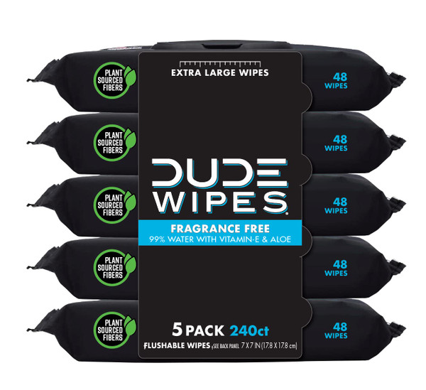 DUDE Wipes - Flushable Wipes - 5 Pack, 240 Count - Unscented - Extra-Large - Vitamin-E & Aloe - Septic and Sewer Safe