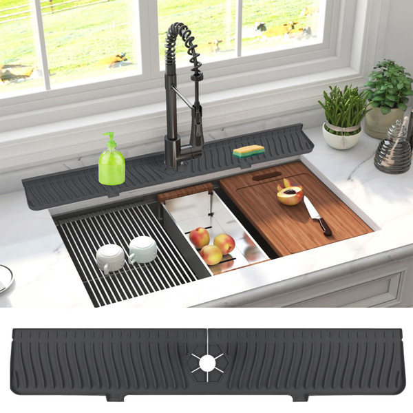 Derlights 30 inch Sink Splash Guard Mat,Silicone Faucet Handle Drip Catcher Tray, Longer Silicone Sink Mat for KitchenBathroom, Drip Protector Splash Countertop (black)