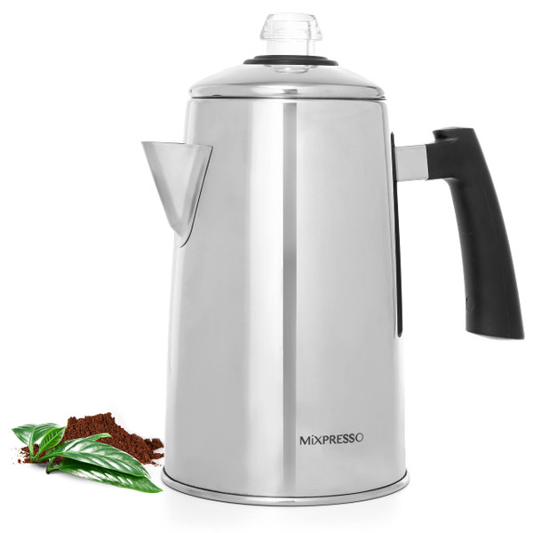 Mixpresso Stainless Steel Coffee Percolator Stovetop, 52 oz Classic Percolator Coffee Pot, Great For Camping Pot, 12 Cup Stove Top Espresso Maker, Cool-Touch Handle