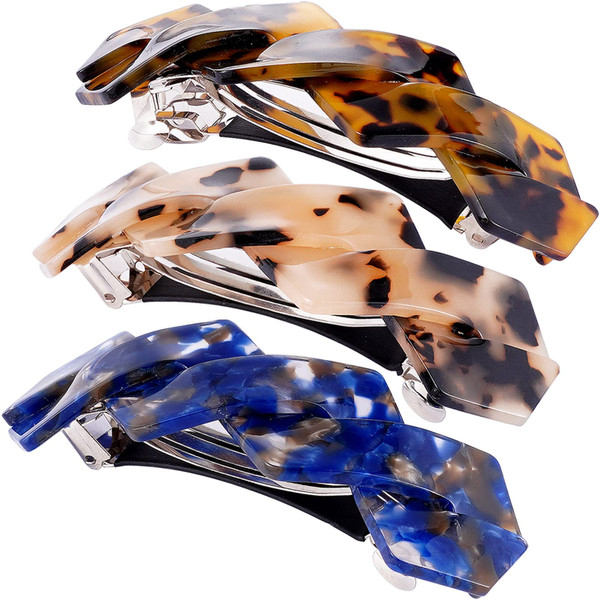 HYFEEL Hair Barrettes Large French Clips Wide Hair Clasp for Women Thick Fine Hair Accessories - Blue Tortoiseshell - 3Pcs (Navy Blue, Brown)