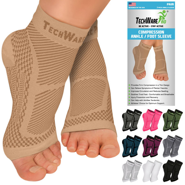 TechWare Pro Ankle Brace Compression Sleeve - Relieves Achilles Tendonitis, Joint Pain. Plantar Fasciitis Foot Sock with Arch Support Reduces Swelling & Heel Spur Pain. (Beige, L/XL) TechWare Pro Ankle Brace Compression Sleeve - Relieves Achilles Tendonitis, Joint Pain. Plantar Fasciitis Foot Sock with Arch Support Reduces Swelling & Heel Spur Pain. (Beige, L/XL)