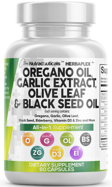 Clean Nutra Oregano Oil with Black Seed Oil Garlic Olive Leaf Extract - Oil of Oregano Capsules Immune Support Carvacrol & Thymoquinone Supplement for Women and Men + Elderberry Vitamin D3 & Zinc