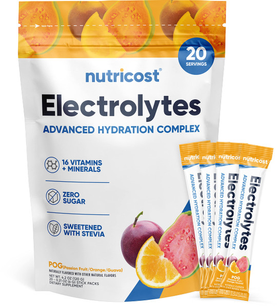 Nutricost Electrolytes Powder Hydration Packets (POG - Passion Fruit, Orange and Guava, 20 Servings) Low Calorie Keto Electrolytes Sweetened with Stevia - Non-GMO, Gluten Free and Sugar Free