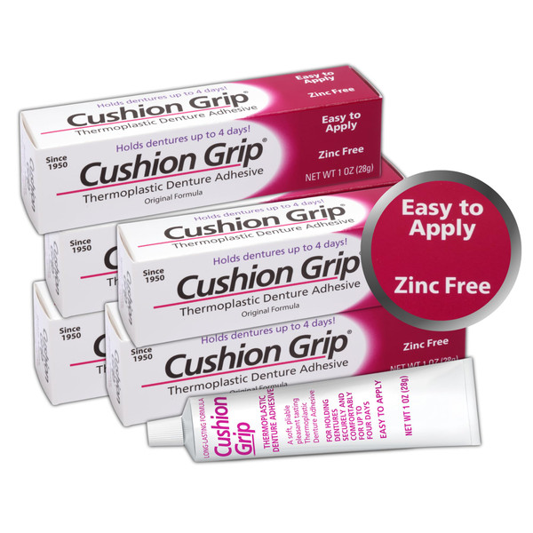 Cushion Grip Thermoplastic Denture Adhesive 1oz (5 Pack)–Extra Strong Hold Up to 4 Days, Unmatched Strength, Waterproof & Zinc Free, Relieves Sore Gums, Comfortable Refit, Long Lasting Denture Refit