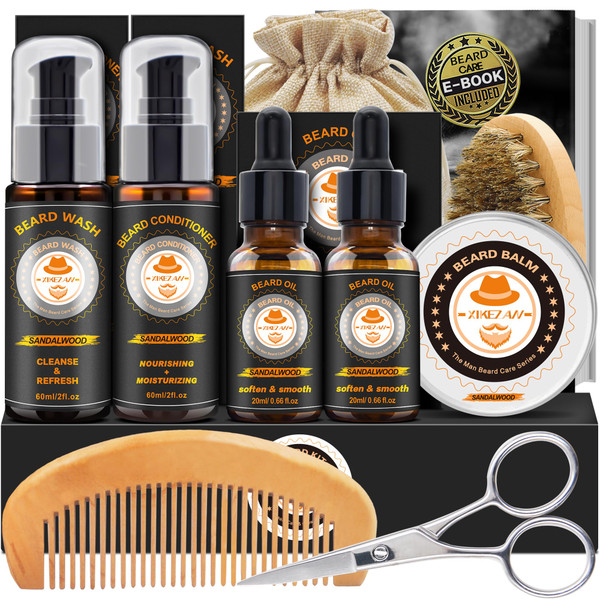 XIKEZAN Men's Beard Grooming Kit - Sandalwood Oil, Wash, Balm, Comb, Brush, Scissors, Bag, E-Book, Gift for Him
