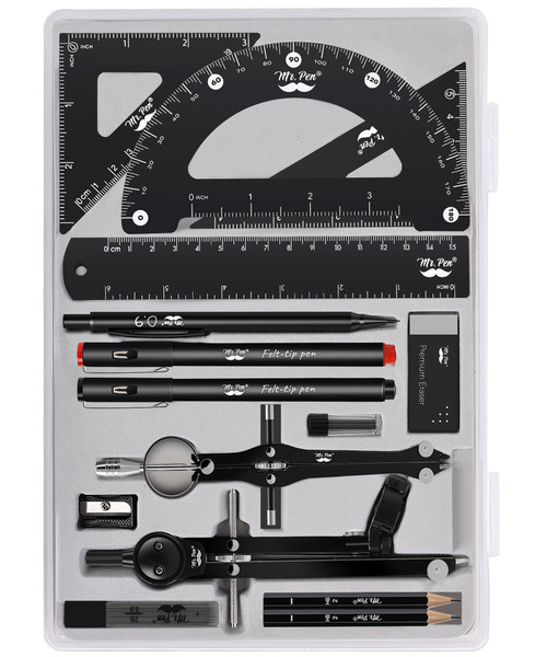 Mr. Pen- Professional Geometry Set, 15pcs, Black Geometry Kit for Artists and Students, Geometry Set, Metal Rulers and Compasses, Drawing Tools, Drafting Supplies, Drafting Set, Drafting Tools and Kit