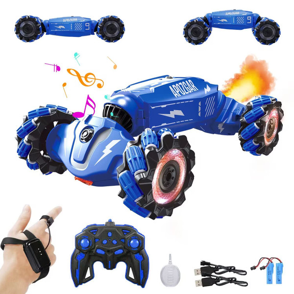 LOOZIX Upgraded Hand Gesture Sensing RC Stunt Car with Lights Music, Spray Drift Gesture RC Car 360° Spins All Terrains Hand Controlled Truck Toys for 6 7 8 9 10 Year Old Boys