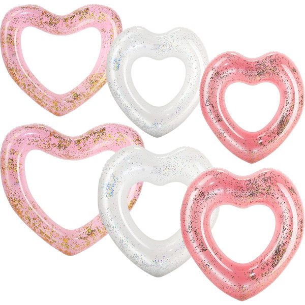 Lenwen 6 Pcs Heart Pool Float, 43"/31" Inflatable Glitter Heart Floatie Tubes Heart Bachelorette Party Prop Heart Summer Swimming Ring for Wedding Betrothal Party Decor(Many Colors)