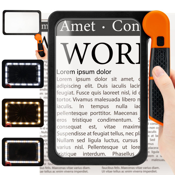 Large Magnifying Glass with Light, Full Page 5X Magnifier 48LED Cold & Warm Light with 3 Modes, Folding Handheld Illuminated Lighted Magnifier for Seniors Low Vision Reading Inspection (Orange)