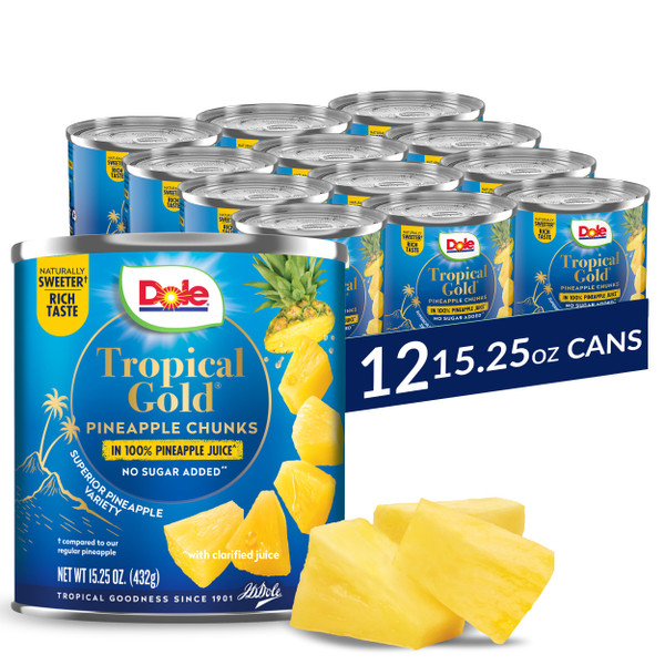 Dole Canned Fruit, Tropical Gold Pineapple Chunks in 100% Pineapple Juice, Gluten Free, Pantry Staples, No Sugar Added, 15.25 Oz, 12 Count