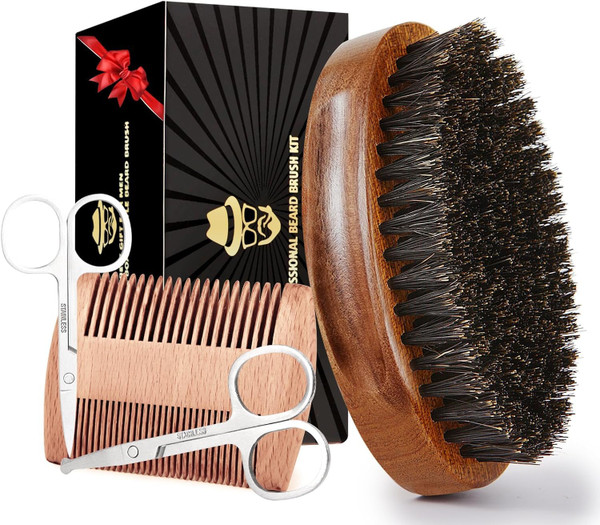 Sosoon Beard Brush for Men, 100% Pure Boar Bristle Beard Brush, Beard Grooming Set Including Beard Comb, 2 Pcs Mustache Scissors, and Travel Bag