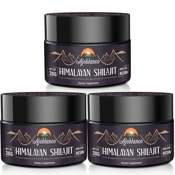 Ajoblanco 600mg Natural Himalayan Organic Shilajit Resin - Himalayan Gold Shilajit Resin with Organic Ayurvedic Blend in High Potency for Energy, Strength & Immunity, Pack of 3