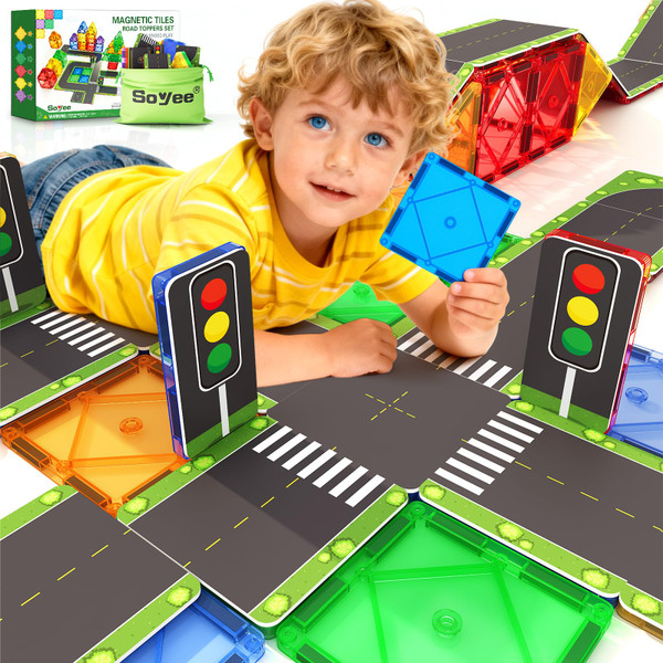 Soyee Magnetic Tiles Road Toppers Set Kids Toys for 3 Year Old Boys and Girls Playing with Car Toys Preschool Learning Activities Gift for 3 4 5 6 Year Old Toddlers Kids