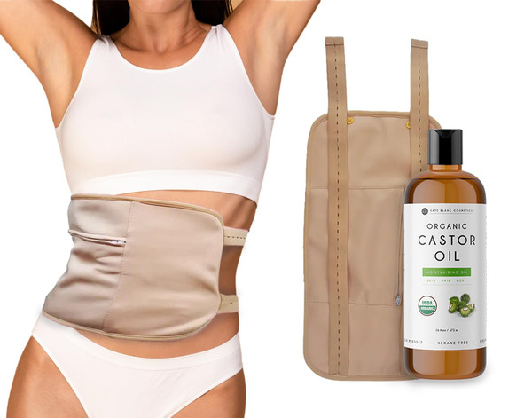 Kate Blanc Cosmetics Castor Oil Pack Wrap with 16oz Organic Castor Oil Plastic Bottle Castor Oil Packs for Liver Detox. Reusable, Comfortable Fit, Adjustable