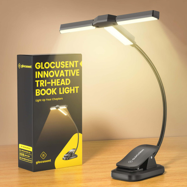 Glocusent Innovative Tri-Head Book Light for Reading in Bed, 3 Colors & 5 Brightness Levels, 1000mAh Rechargeable Reading Light with 30-Min Timer, 10-100Hrs, Partner Friendly, Perfect for Book Lovers
