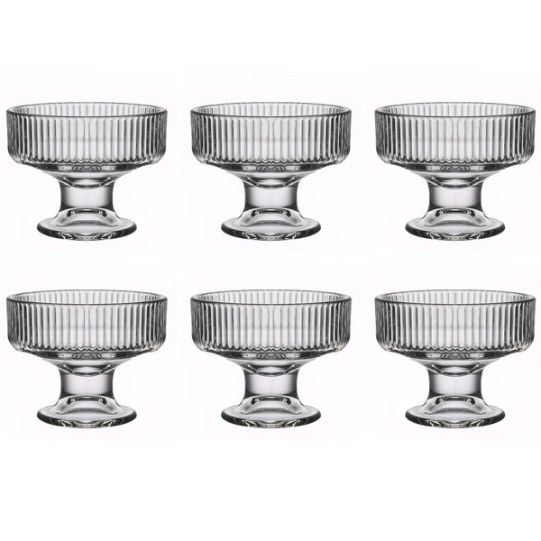 binsakao Glass Ice Cream Bowl Set of 6, Small Clear Mini Footed Dessert Cups for Fruit Pudding Trifle Parfait Sundae Nuts Cocktail Drinks Party (6.3 oz, Ribbed)