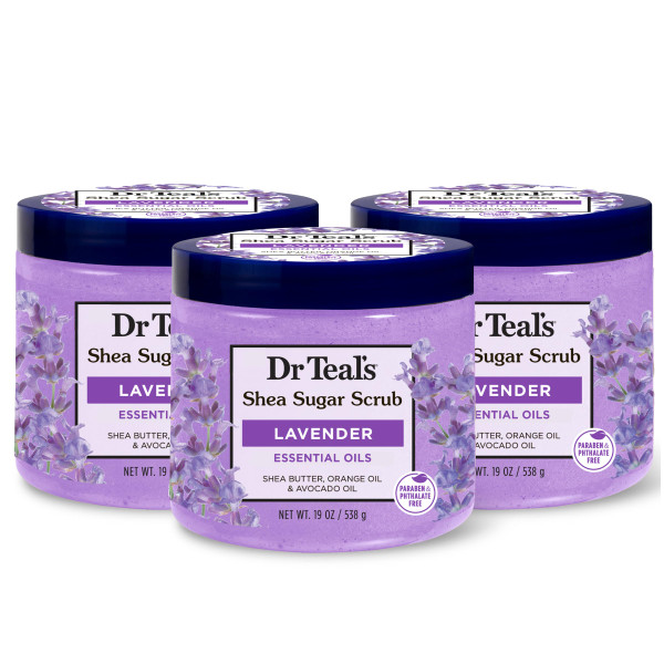 Dr Teal's Shea Sugar Scrub, Lavender Essential Oils, 19 oz (Pack of 3)