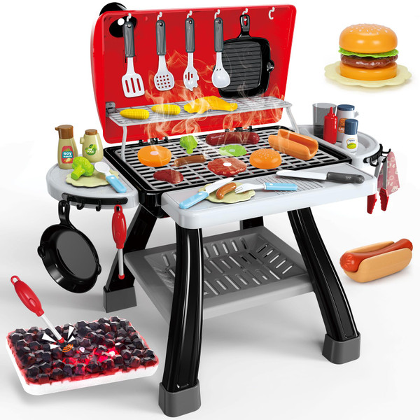 Kids Play Kitchen Toys, Kids BBQ Grill Kitchen Playset with Smoke, Sound & Light, Play Food Toys Cooking Set, 2-Layer Barbecue Outdoor Play Grill Toy Gift for Toddler Boys Girls 3-5-1765517096
