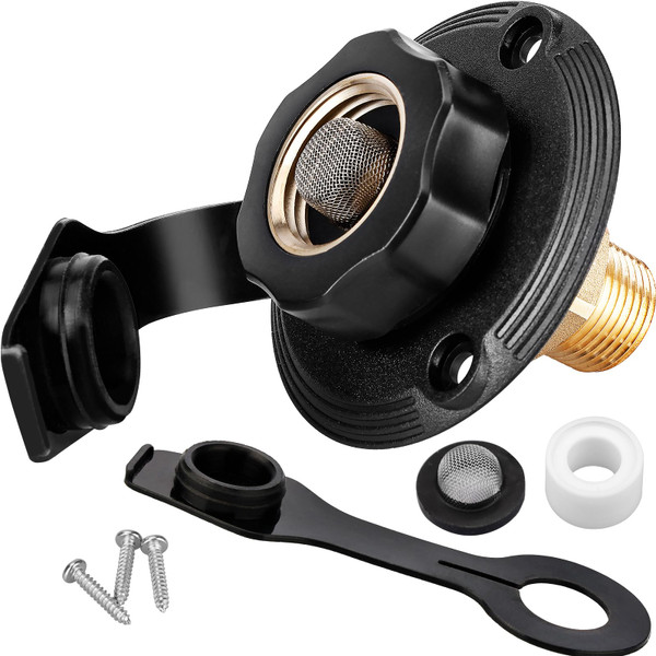 RVGUARD RV City Water Inlet, 3/4" NH Female to 1/2" NPT Male City Water Fill Inlet Flange Brass with Check Valve for RV, Camper, Trailer, Marine (Black S)-1765518197