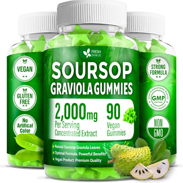 FRESHDRINKUS, Premium 90 Soursop Graviola Gummies, 2000mg per Serving, 45 Days Supply – 100% from Natural Soursop Graviola Leaves Extract, Vegan, Non-GMO, Gluten-Free (90 Gummies)-1765518465
