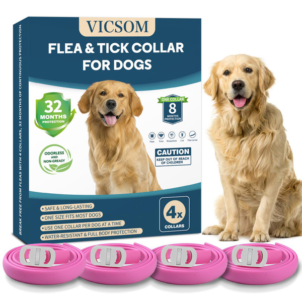 4 Pack Flea Collar for Dogs, Flea and Tick Collars for Dogs, 32 Months Flea and Tick Prevention for Dog, Dog Flea and Tick Treatment, Water-Resistant & Adjustable Flea Collar - Pink