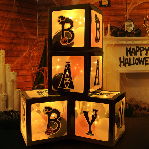 Baby first Halloween Decorations Balloons Boxes 4 Pcs Letter Blocks Transparent Box with 4 LED Light Strings - Halloween Baby Shower Party Supplies Decoration - A Baby Is Brewing Party Supplies-1765519050