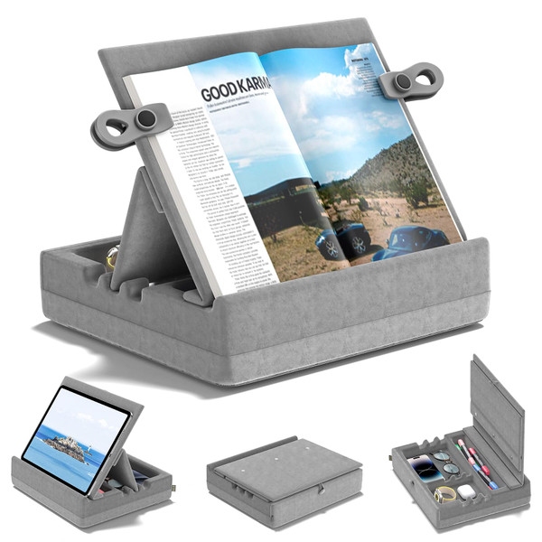 KDD Book Stand for Reading with Storage, Multi-Angle Adjustable Tablet Pillow Holder for Lap, Bed, Desk and Couch, Foldable iPad Holder with Organizer for Book,Tablet, Laptops, E-Reader (4.7"-15")