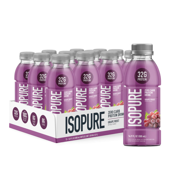Isopure Zero Carb 32g Clear Protein Ready-to-Drink, Whey Protein Isolate, Grape Frost, 12 Pack (Packaging May Vary)