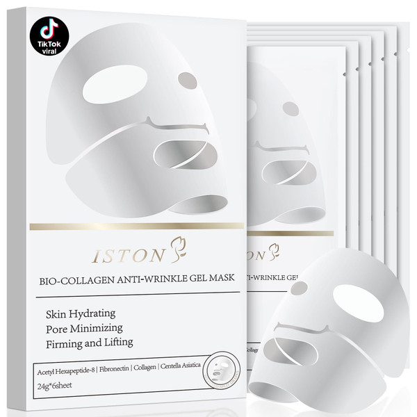 ISTON 6 Pack Bio-Collagen Real Deep Anti Wrinkle Lifting Mask,Overnight Hydrating Face Mask for All Skin Types -Pore Minimizing,Elasticity Enhancing,Firming,Moisturizing