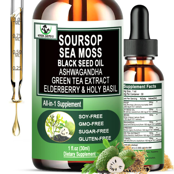 Soursop Drops,Soursop Bitters Liquid with Sea Moss Black Seed Oil Green Tea Extract Ashwagandha Elderberry Holy Basil-Multimineral&Vitamins Superfood Drops for Immune&Digestive & Cell Support