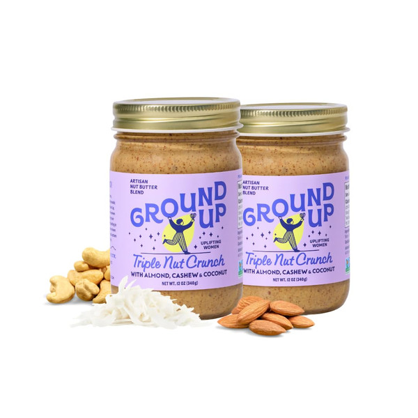 Ground Up Almond & Cashew Nut Butter - Triple Nut Crunch - Peanut-Free, Dairy-Free, Gluten-Free, Vegan - 2 Jars 12oz-1765520941