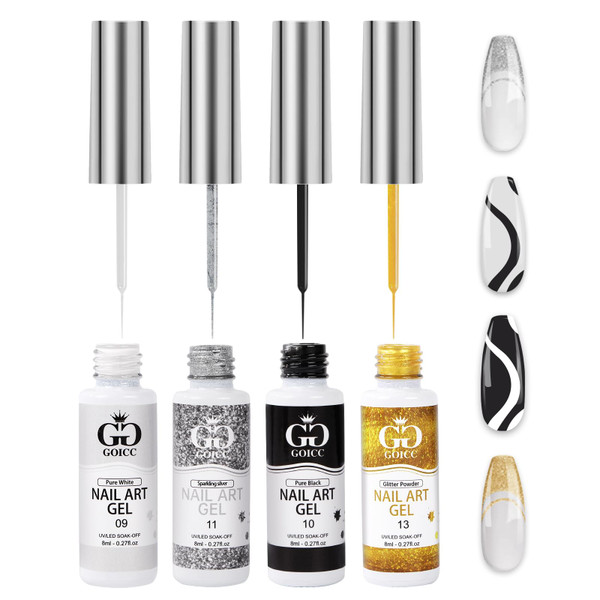 Gel Nail Art Polish Set with Thin Brush – 4 Colors White Gel Nail Polish Black Silver Glitter Liner for Nail Art Design French Tips Soak Off UV/LED 8ml Gel Nail Art Polish Set with Thin Brush – 4 Colors White Gel Nail Polish Black Silver Glitter Liner for Nail Art Design French Tips Soak Off UV/LED 8ml