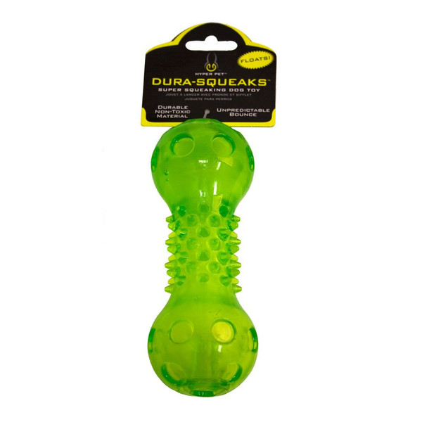 Hyper Pet Dura-Squeaks Barbell Interactive Fetch Dog Toy with Squeaker Made with sturdy TPR that Floats in Water