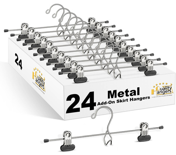 24 Quality Pants Hangers Heavy Duty Add-on Skirt/Slack Metal Hanger, Extra Wide Adjustable Clips, Multi Stackable Add on Hangers, Chrome, Jeans, Bottoms (24)